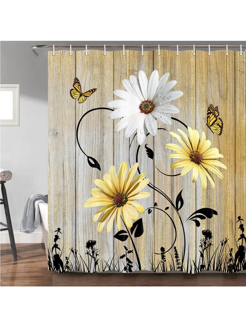 Rustic farmhouse Floral Daisy Butterfly Shower Curtain